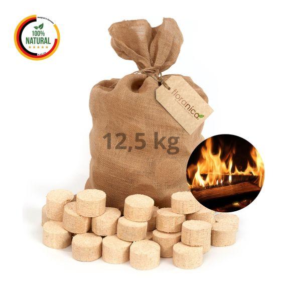 Dřevěné brikety Floranica Premium – 100% lisované dřevo – 5 × 12,5 kg (62,5 kg) – kulaté brikety do krbu – nízká vlhkost a kouřivost