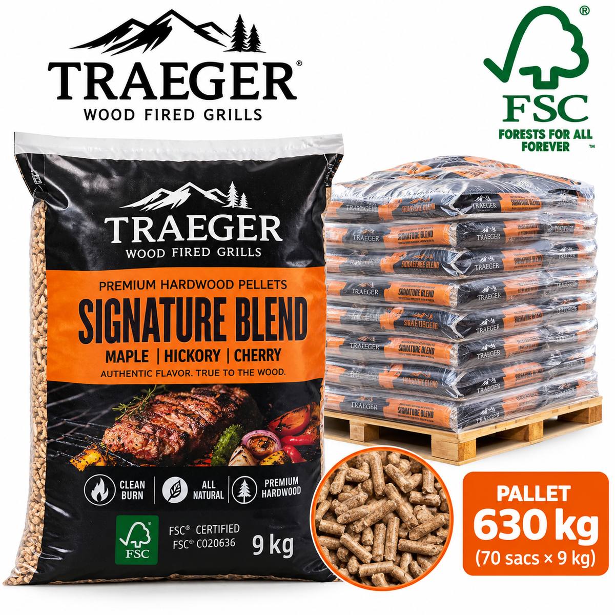Dřevěné pelety TRAEGER FSC Signature Blend – paleta 630 kg (70 × 9 kg)